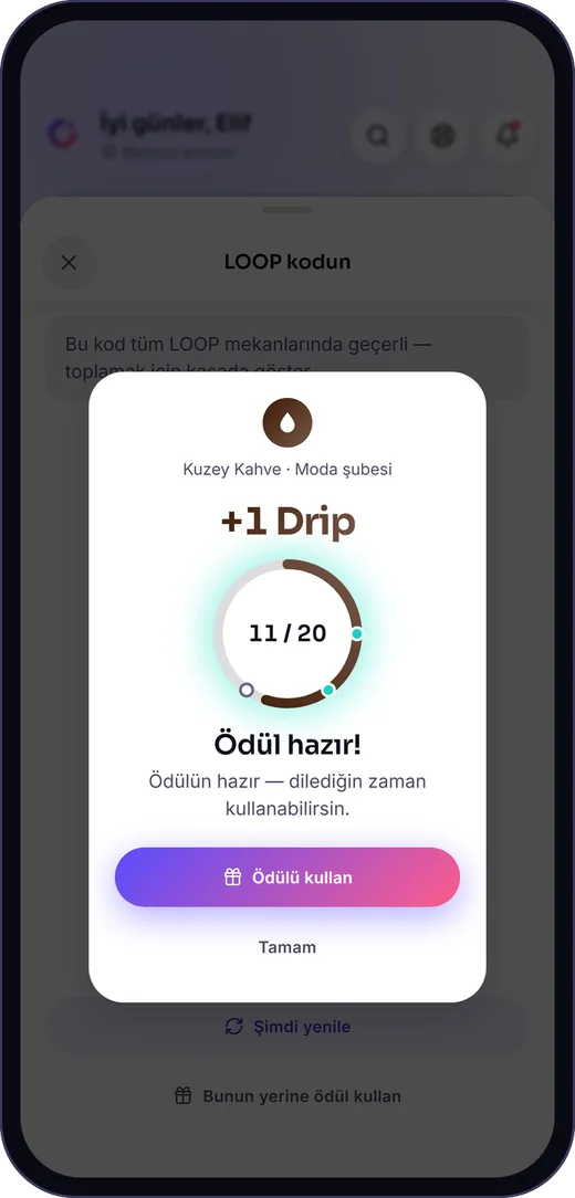 Müşterinin telefonunda LOOP: +1 Drip ve ‘Ödül hazır!’